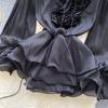 Sweet Pink 3D Floral Beach Short Dress Female Long Sleeves Lace Up Ruffle Chiffon Cake Sundress Sheer Sexy Vintage Bohemian Dress