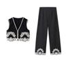Spring New Design Sense Retro Short V-neck Embroidered Vest High Waist Wide Leg Casual Embroidered Trousers