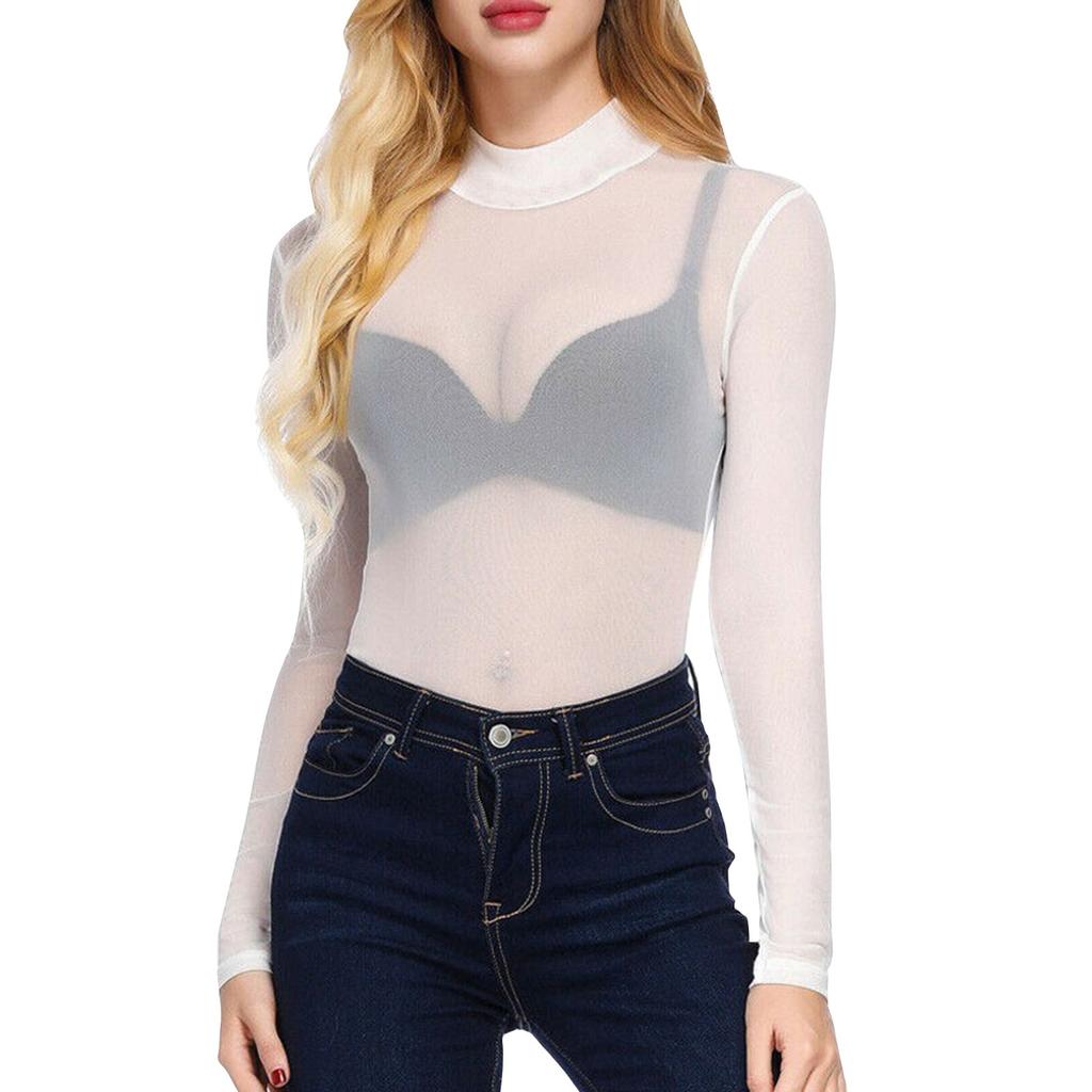 Женская летняя сексуальная ультратонкая сетчатая эластичная обтягивающая рубашка с длинными рукавами и полувысоким воротником