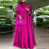 VONDA Spring Women O Line High Collar Loose Long Party Dress