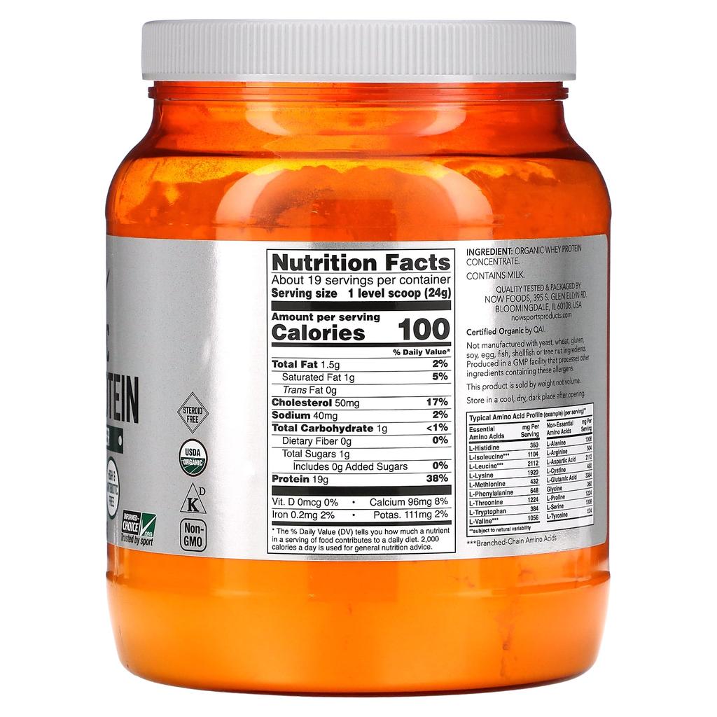 Now Foods Sports, Organic Whey Protein, Naturally Unflavored, 1 Lb (454 G)