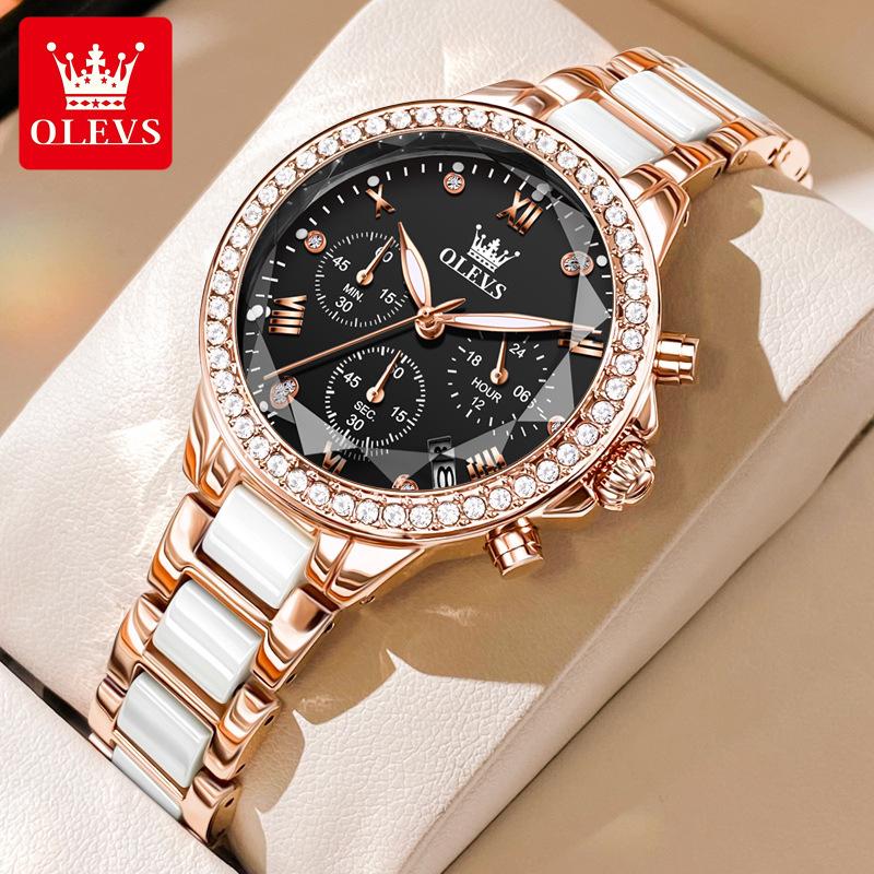 Ladies' Three Eye Timing Quartz Watch Diamond Inlaid Bezel Ceramic Strap Waterproof Luminous Women's Light Luxury Watch
