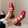 Новые красные туфли-лодочки с квадратным носком на среднем каблуке большого размера из лакированной кожи, женские туфли на квадратном каблуке, повседневные, для ношения в любое время года, кожаные одинарные туфли