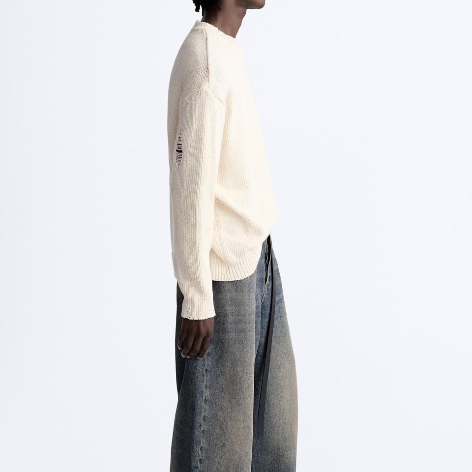 Zara Однотонный потертый круглый вырез с длинным рукавом вязаный свитер мужской свитер белый 3166401-712