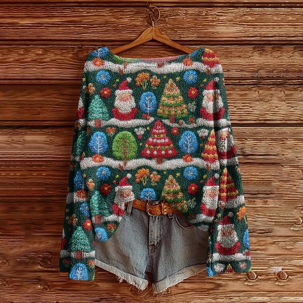 Women's Christmas Print Lightweight Sweater Casual Long Sleeve Knitted Pullover