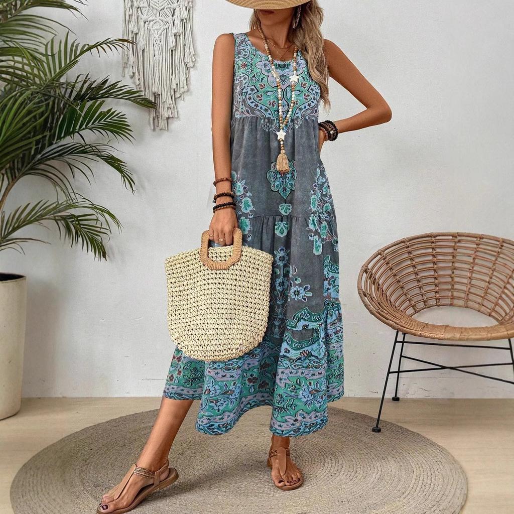 Платье макси с цветочным принтом в стиле бохо, повседневное платье больших размеров для женщин, модный сарафан без рукавов, винтажное платье