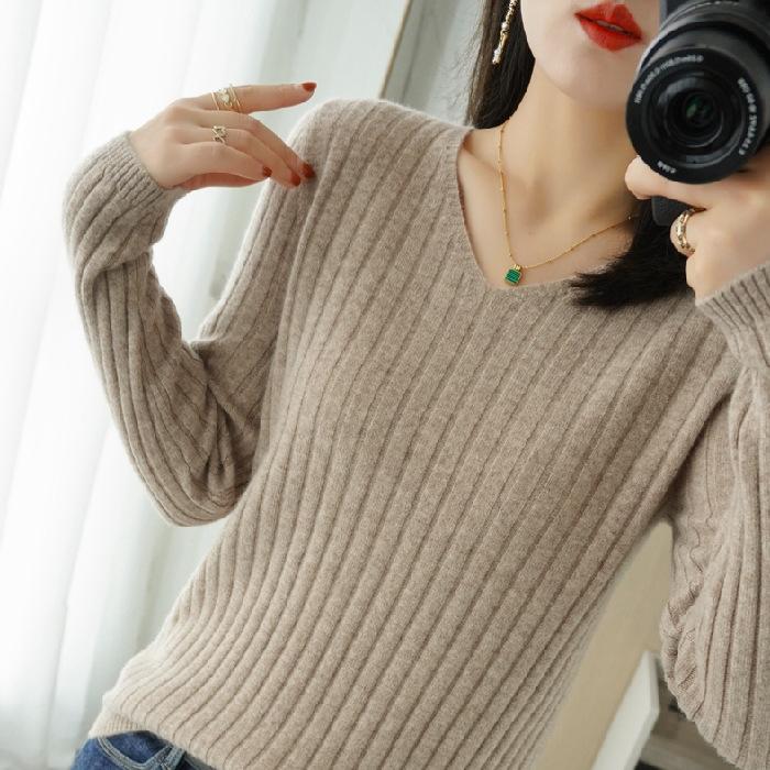 DAFIFY Женская мода повседневная осень-зима однотонный принт длинный рукав V-образный вырез свитера