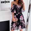 Весеннее шифоновое платье с принтом и открытыми плечами, сексуальное модное платье