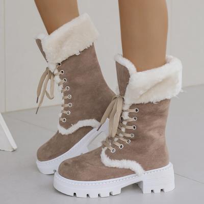 Модные зимние плюшевые ботинки для женщин, зимние ботильоны на платформе, женские ботинки до середины икры на шнуровке, утепленные хлопковые ботинки для женщин
