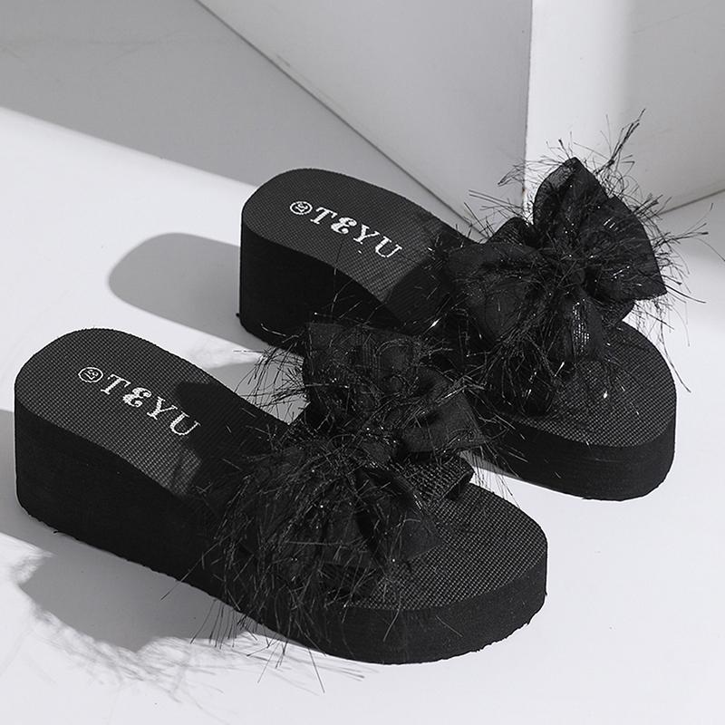 Fashion Women's New Bow Knot Round Toe Slippers Fashion Thick Bottom Wedge Slides Female Vacation Beach Comfort Black Slippers Mujer