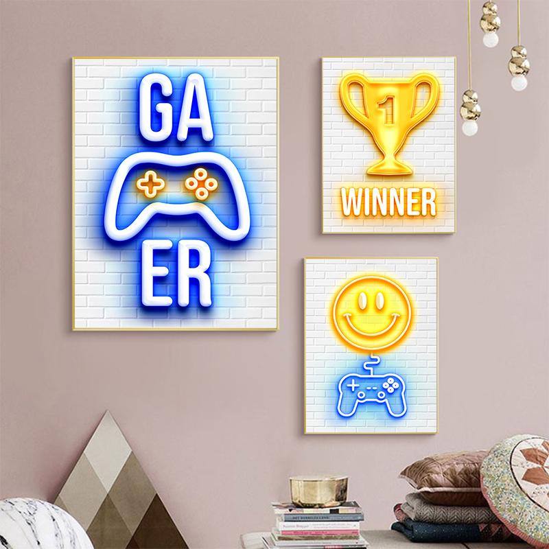 Игровые неоновые белые постеры, холст, картина, видеоигра, настенная художественная картина для игровой комнаты, геймера, мальчика, спальни, домашний декор, без светодиода