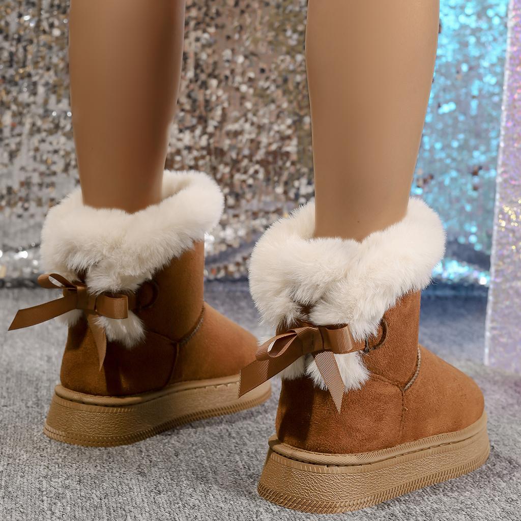 Winter Mid-calf Boots Thick Plush Thick Sole Non-slip Fashion Solid Color Button 2025 Women Boots Classic Retro Brown Long Boots