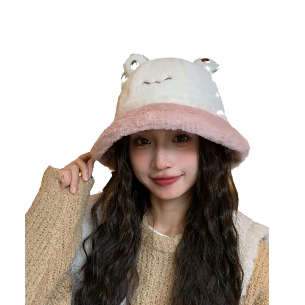 Теплая шляпа-ведро контрастного цвета с лягушкой на осень/зиму 2024 года — модная и милая шляпа-тазик с большой окружностью головы