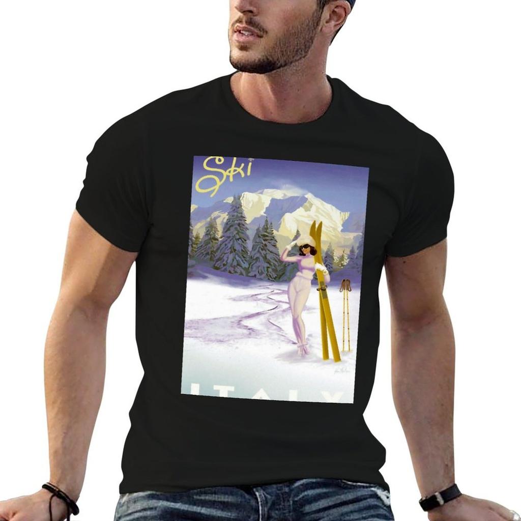 Vintage Italian Ski sport poster ski italy TShirt Simple Trendy Casual TShirt