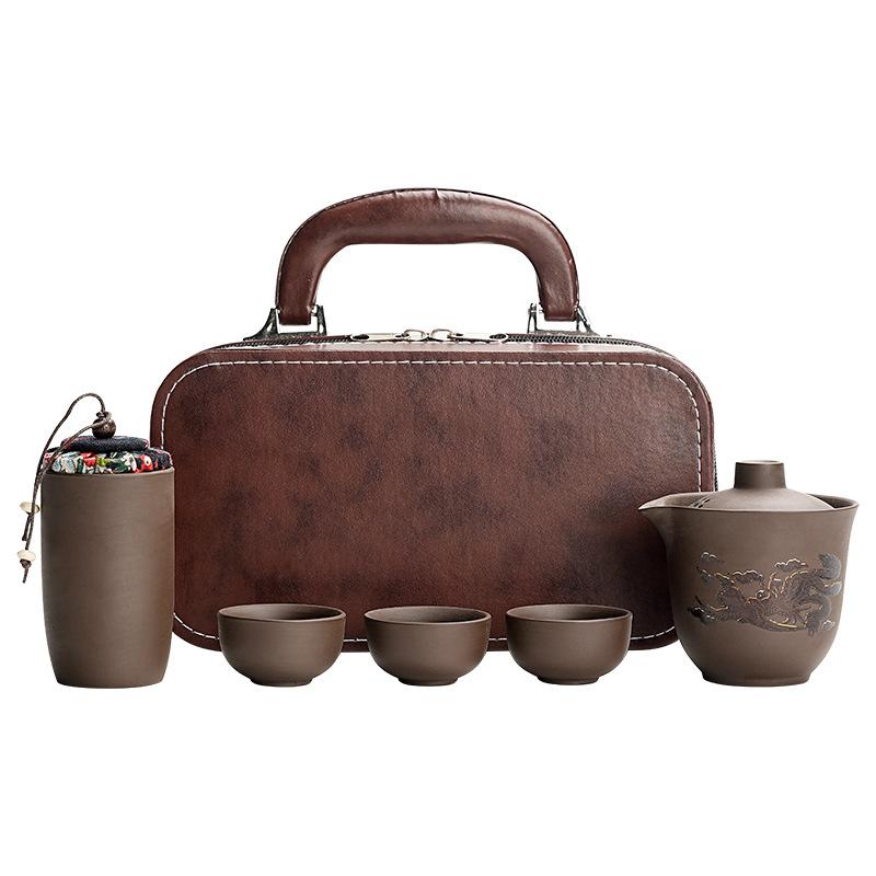 Travel tea set, ceramic express cup, purple sand one pot, three cups, outdoor company business gift printing