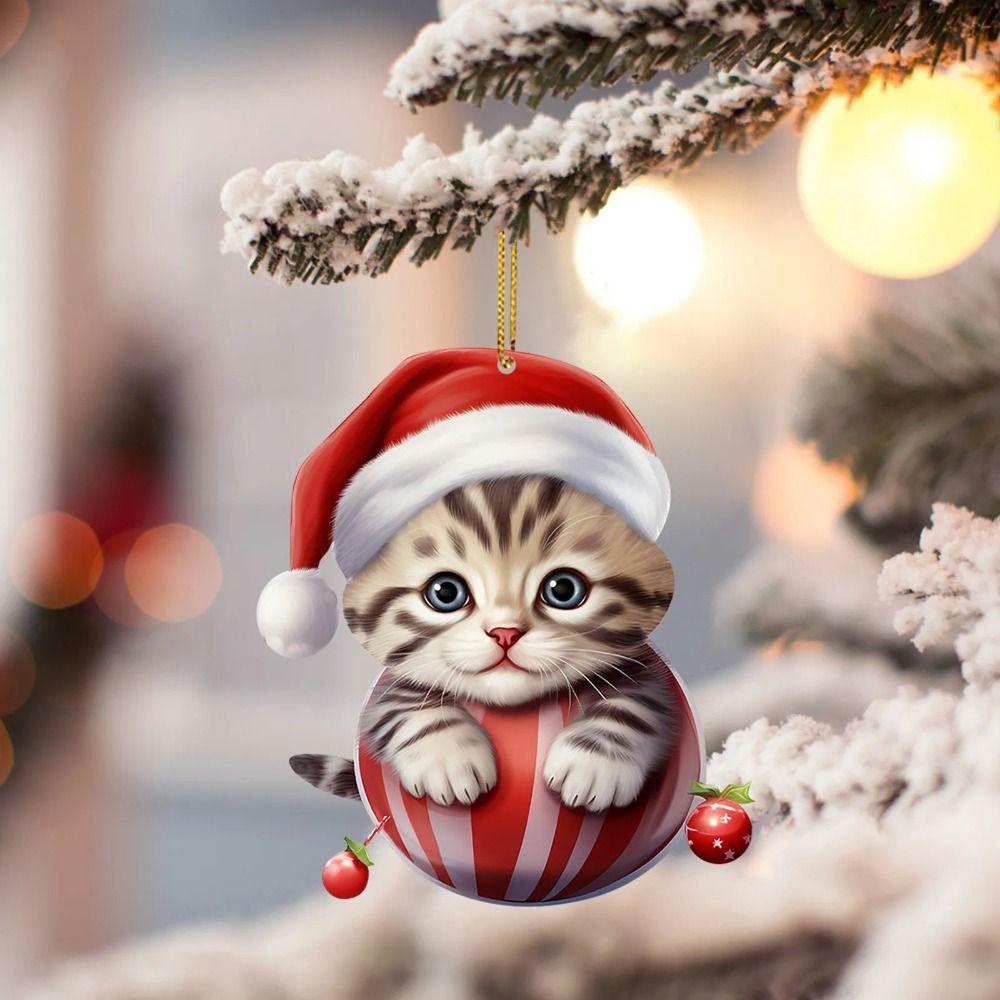 2D Christmas Cat Pendant Acrylic Flat Christmas Tree Decorations Cat Car Pendant Decorative Cat Xmas Hat Ornament New Year Gift