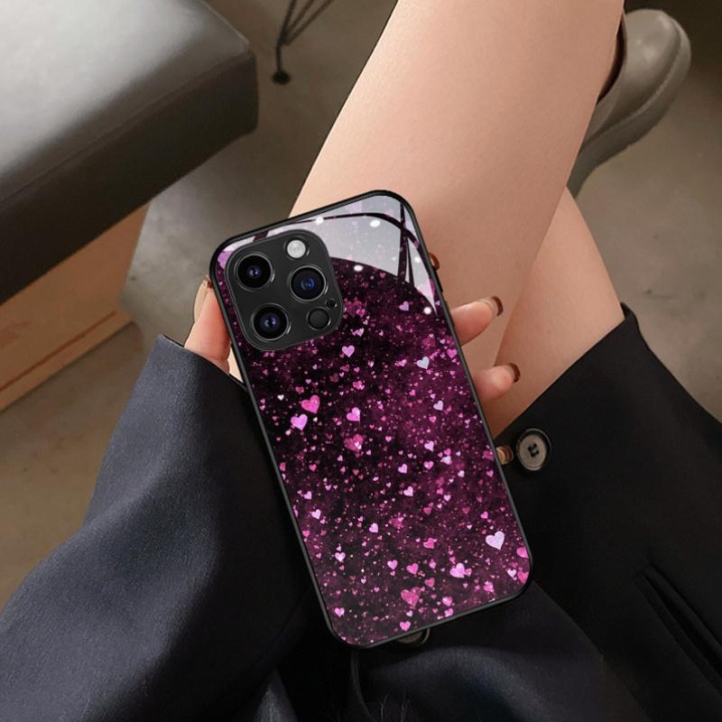 Закаленное стекло чехол для телефона для iPhone 17 16 15 14 13 12 11pm Pro Plus. Дизайн с розовым сердцем на весь экран.