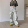 Women's Autumn Retro Washed Straight-Leg Workwear Jeans with Multiple Pockets