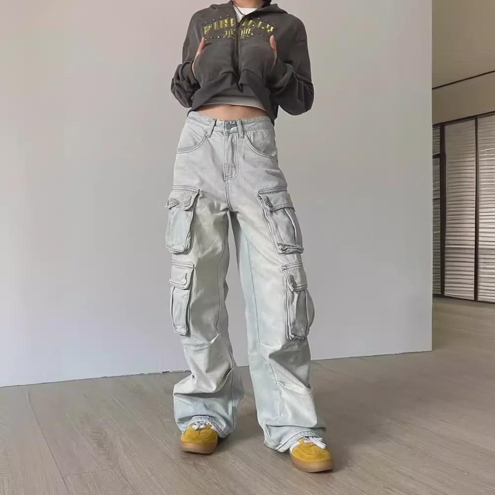 Women's Autumn Retro Washed Straight-Leg Workwear Jeans with Multiple Pockets