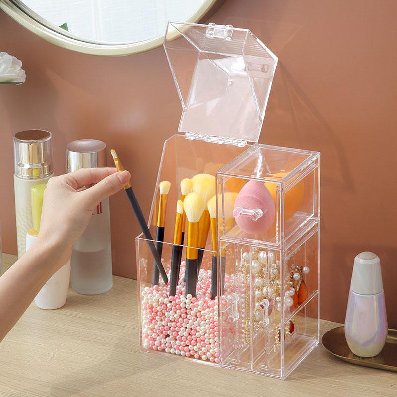 Clear Makeup Brush Organizer, Storage Rack with Drawers, Storage Box with Lid and Pearls for Storing Makeup Tools and Jewelry