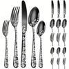 20 Piece Unique Pattern Design Silverware Set, Stainless Steel Flatware Set Service for 4, Black Cutlery Set, Mirror Polished Utensil Set for Kitchen