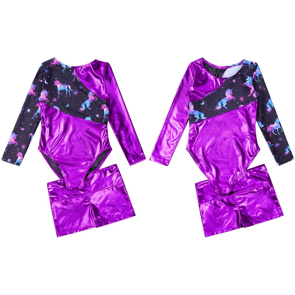 Детские комплекты танцевальной одежды для девочек из 2 предметов, цельный купальник с длинными рукавами, спортивные шорты для гимнастики