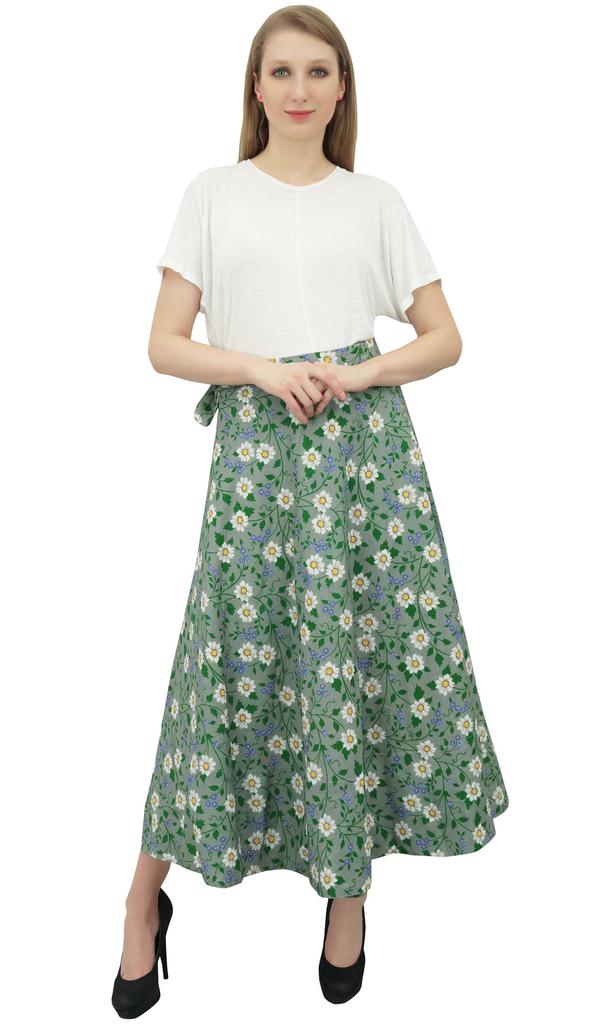 Phagun Summer Wear Reversible Floral Printed Cotton Olive Green Wrap Skirt