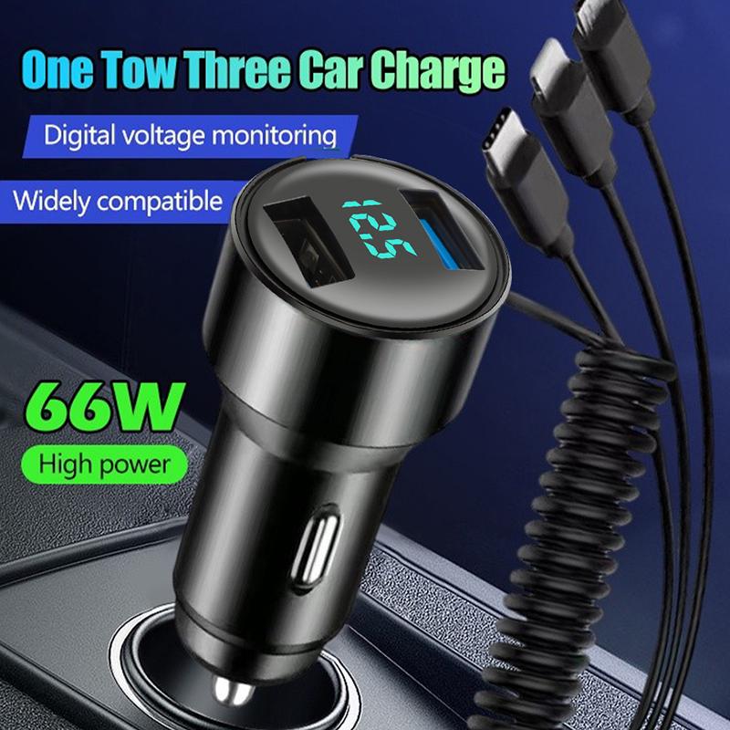 66W Car Phone Charger with Voltage Display Dual USB Fast Charging Adapter + 3 In 1 Stretchable Cable