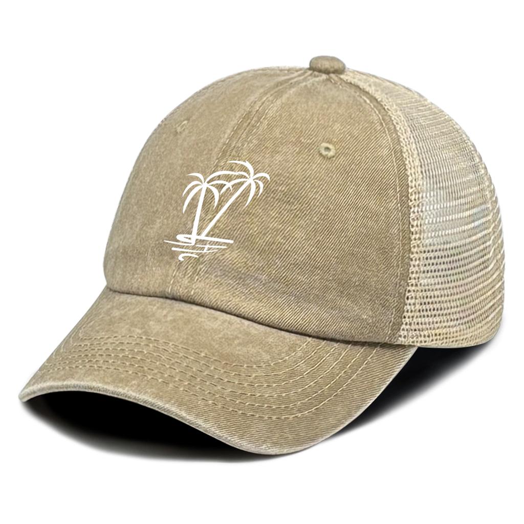 Summer Coconut Tree Breathable Mesh Cap Snapback Trucker Hat Gorra Hombre Retro Washed Cotton Adjustable Baseball Hat