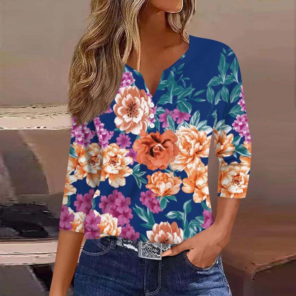 Жен. Футболка Футболка С принтом Пуговицы Рукав 3/4 Повседневные Выходные Мода Классический V-образный вырез Обычный Топ