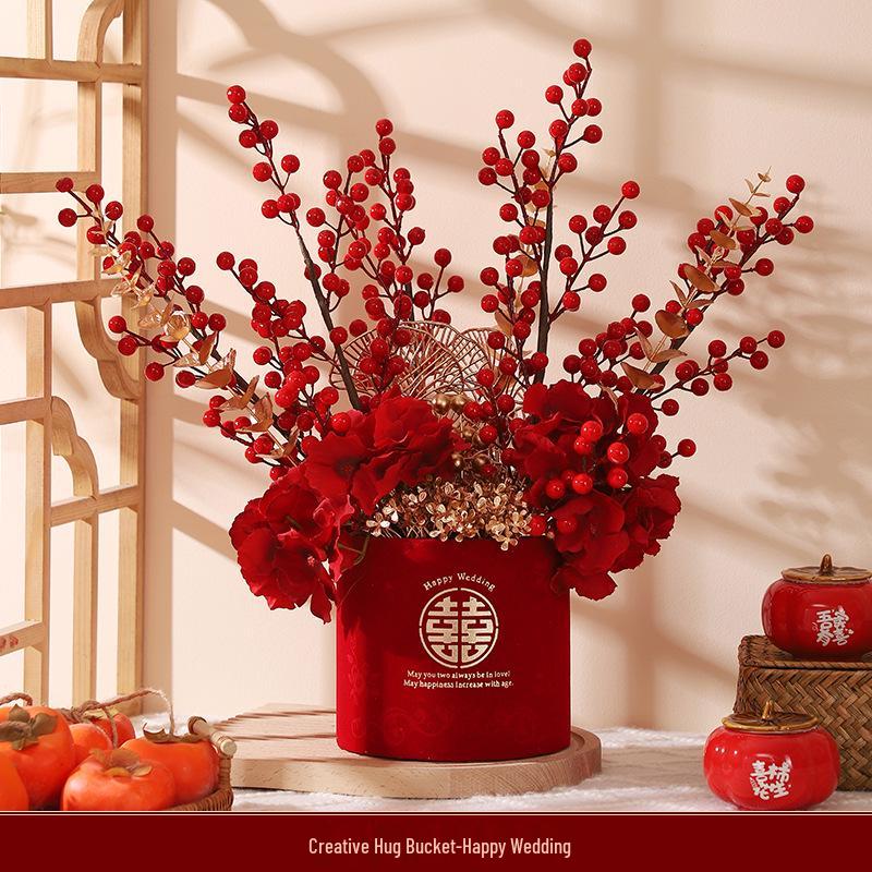 Engagement & Wedding Ornaments: Room Decor Bouquet & Double Happiness Bucket Set for Newlyweds - Ideal for Master Bedroom & Living Room.