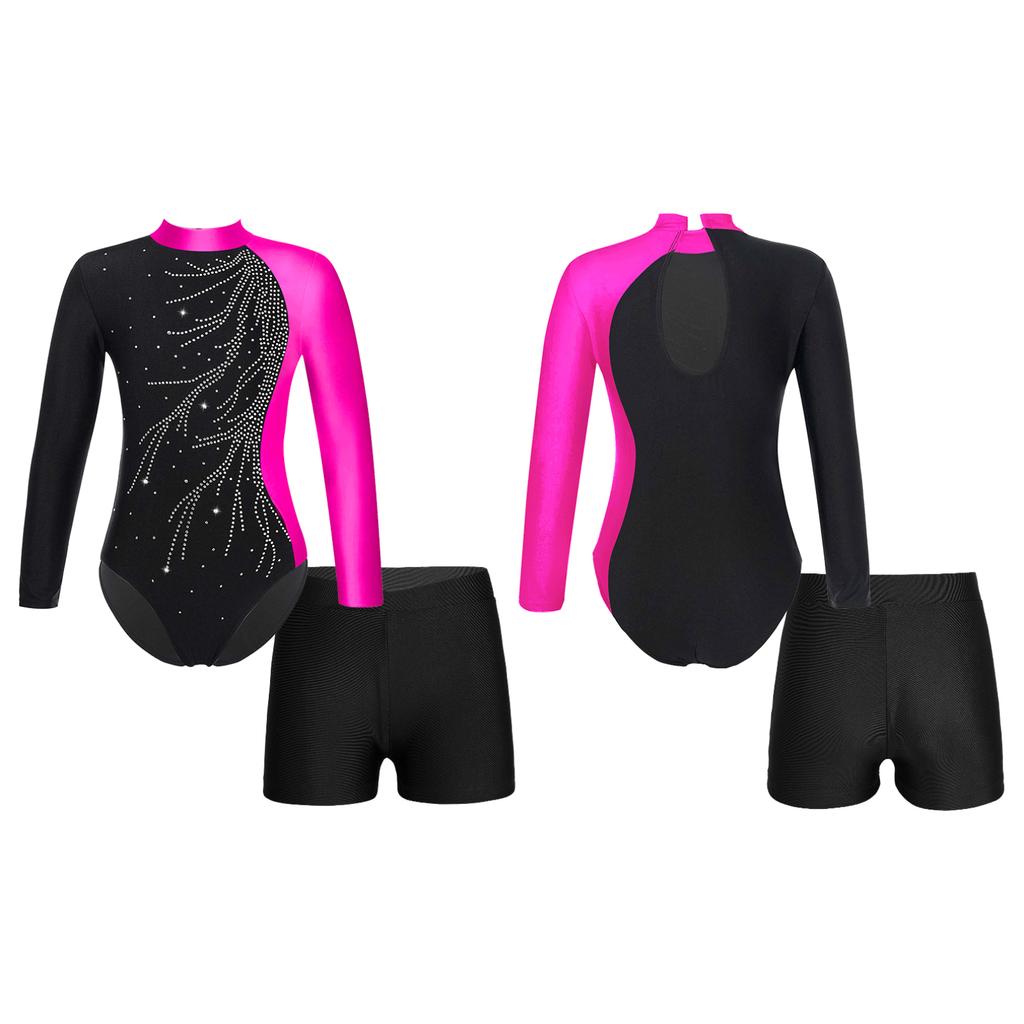 Girls Long Sleeve Gymnastics Leotard Unitard with Shorts 2 Piece Outfits Ballet Dance Bodysuit Biketard Dancewear