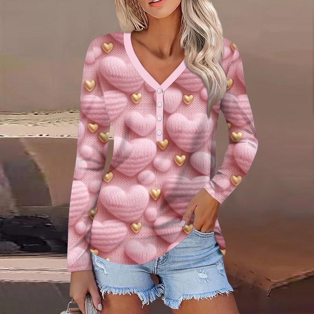 Женский модный повседневный топ с длинным рукавом и V-образным вырезом на пуговицах ко Дню святого Валентина с принтом в виде сердца