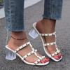 Lady British Style White Studded  High Heels Slides Front Open Toe Shoes with Sewing Wide Fit 32-45  Microfiber Leather