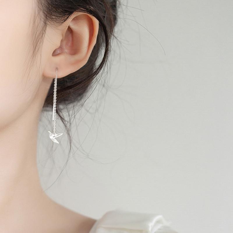 Se756 Yixuan Sparkling Diamond Origami Crane Ear Threader Elegant And Chic Chain Design