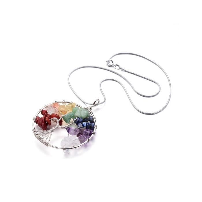 Collier - Arbre de vie - 7 Chakras - Métal hypoallergénique - Longueur 42cm - Pendentif 60x50mm