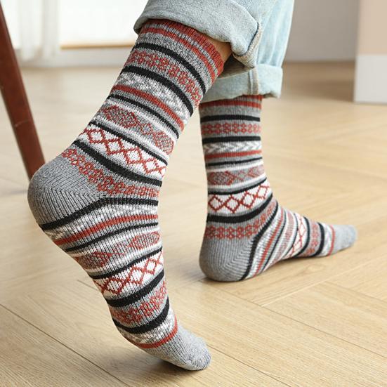 5 Pairs Men Winter Socks Mid-tube Thick Thermal Insulation Ethnic Style Home Bedroom Wear Floor Socks Colorblock Anti-slip Knitted Daily Wear Socks