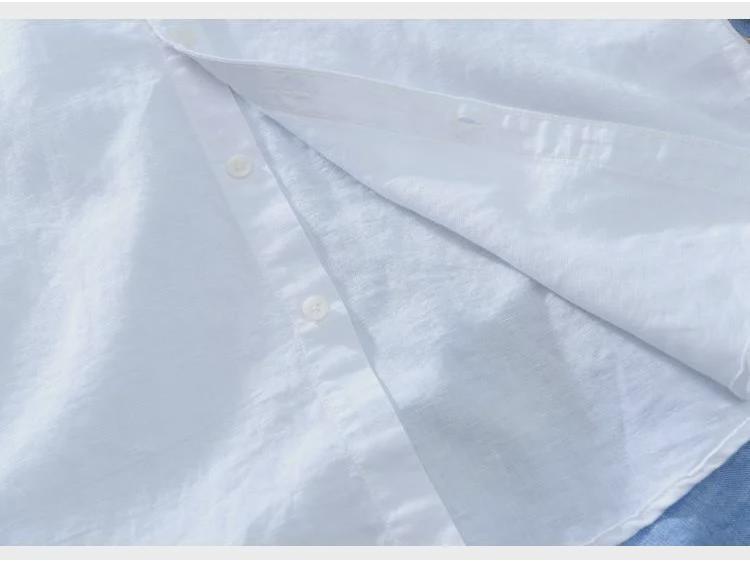 Мужская белая льняная рубашка с коротким рукавом и воротником-стойкой, свободного кроя, легкий летний хлопок.