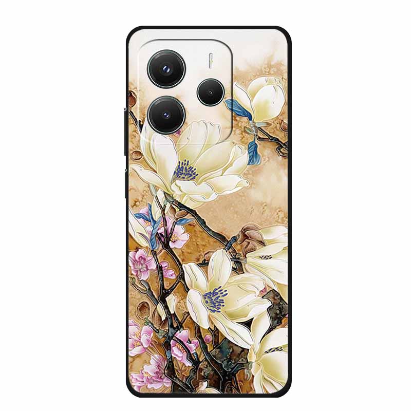 3D Emboss Case For Xiaomi Redmi Note 14 Phone Case Flowers Black Silicone Soft Back Cover Coque For Redmi Note 14 5G Global Case