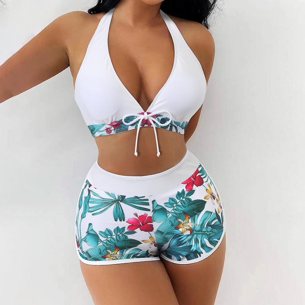 Women's Paneled Printed Swimsuit Ladies Split Boxer  High Waist Swimsuit Two-Piece Set