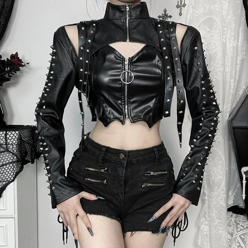 Punk Faux Leather Cropped Jacket Women Spring Streetwear Sexy Slim Fit Rivet PU Blouse Top