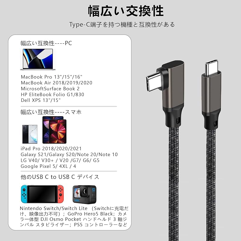 Type C To Cable L-shape (gun Color, 5m) Popolier [5Gbps High Speed Data Transfer /100W Fast Charging PD Compatible /4K@60Hz Video Output ]USB
