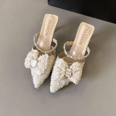 Туфли на высоком каблуке с сумкой на носке, сандалии-полушлепки для женщин, новая летняя женская обувь, бант, острый носок, тонкий каблук, крутые шлепанцы для женщин