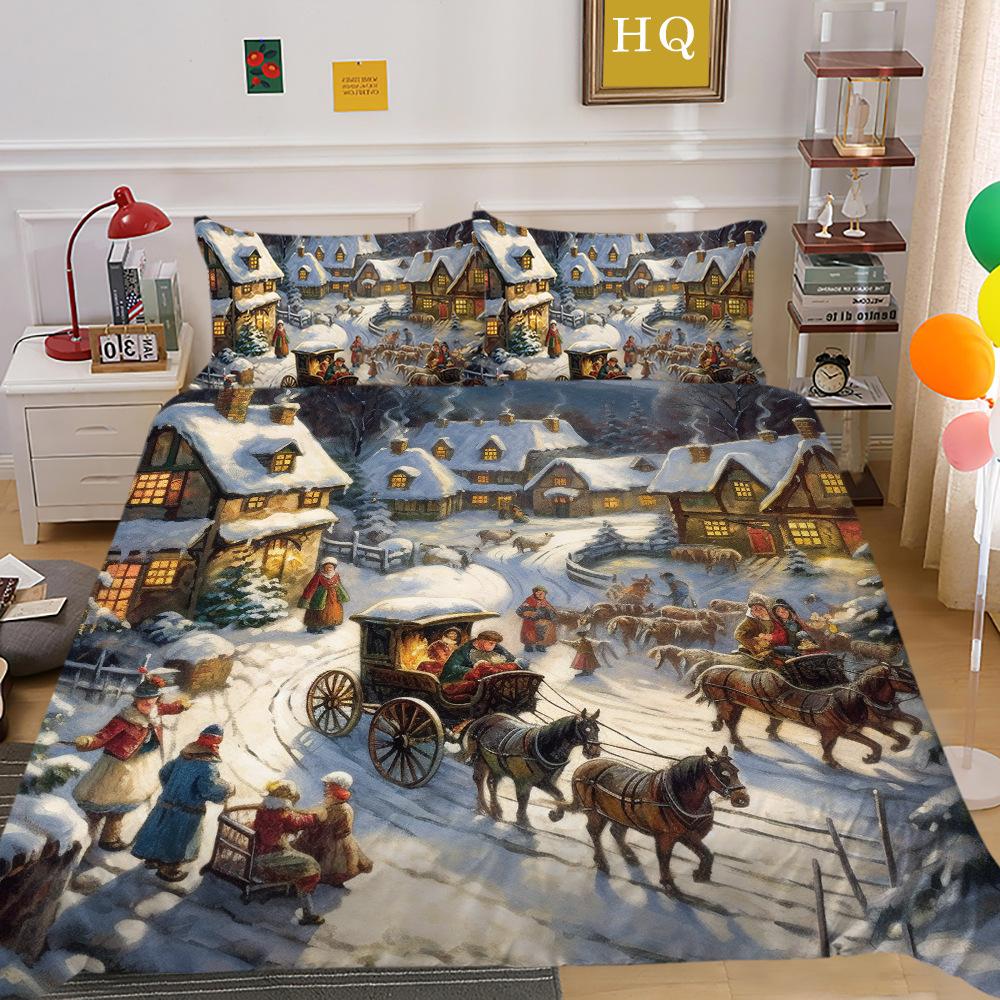 Рождественская карета, снежная сцена, 3D-принт, полиэстеровая наволочка, пододеяльник, набор из двух или трех предметов, можно