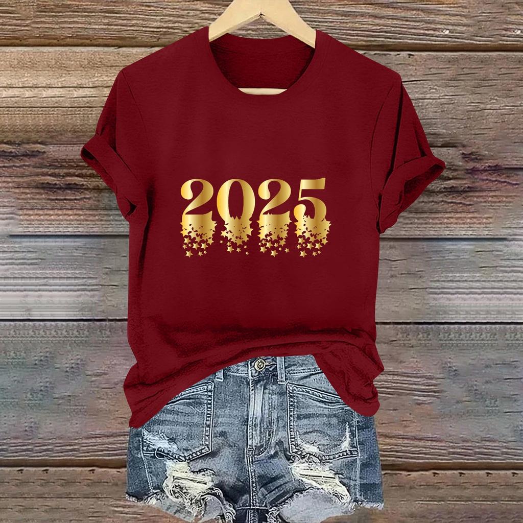 Ladies Casual 2025 New Year Printed Round Neck Short Sleeve T-Shirt Top