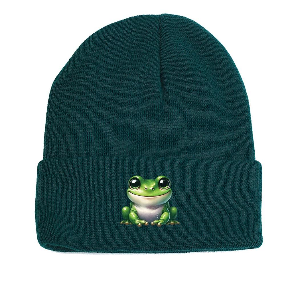 Smiling Frog Warm Knitted Hat Beanie, Woman Cap Cuff Winter Trendy Headwear Knit Cap Beanie