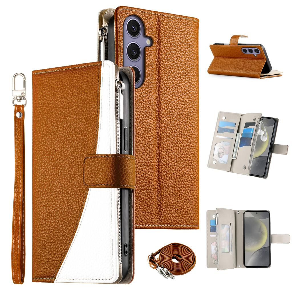 For Samsung Galaxy S25+/S24+ Case Zipper Wallet Color Splicing Leather Flip Phone Cover with Straps