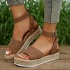 Large-sized Thick-soled Women's Shoes, One-shoulder Buckle with Wedge Heel and Light Sandals Made of Hemp Rope