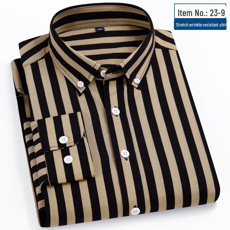 Мужская рубашка 2025 года в полоску, с длинным рукавом, облегающего корейского кроя — повседневная деловая одежда, не требует глажки, удобная.