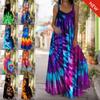 Women's Spaghetti Strap Tie Dye 3D Printed Maxi Dresses Casual V Neck Swing Sling Dress Loose Lightweight Sleeveless Party Long Dresses